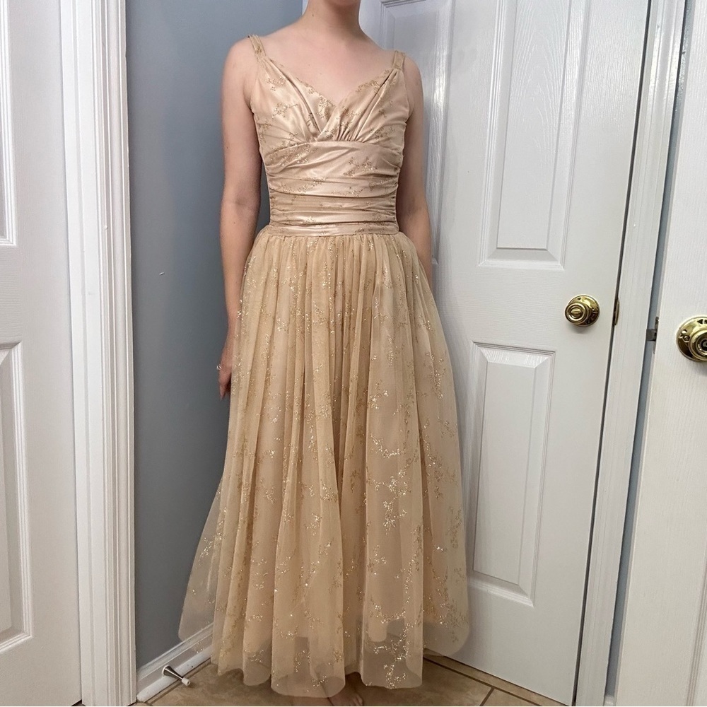 Vintage Gunne Sax Dress Long Formal Prom Tulle Gold Glitter Princess Extra Small - Picture 2 of 8